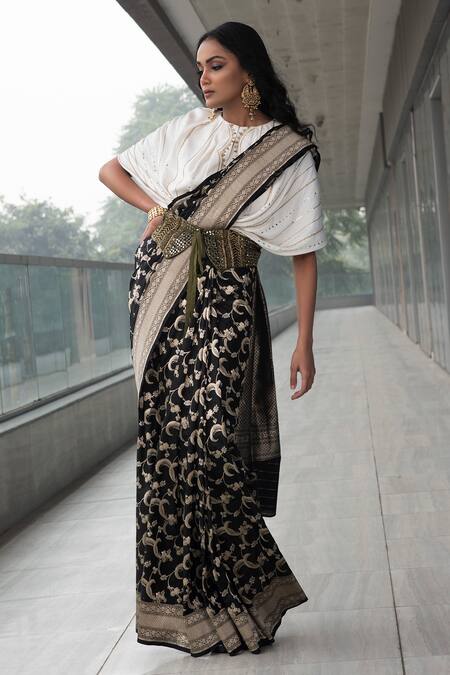 Shop Neha & Tarun Green Saree Pure Katan Silk Round With Embroidered Top Online at Aza Fashions Shop_Neha & Tarun_Green Saree Pure Katan Silk Round With Embroidered Top _Online_at_Aza_Fashions