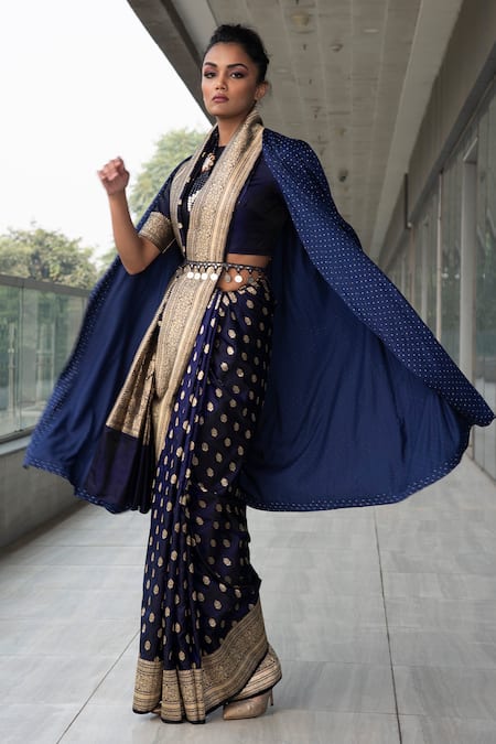 Shop Neha & Tarun Blue Saree Pure Katan Silk Round With Blouse Online at Aza Fashions Shop_Neha & Tarun_Blue Saree Pure Katan Silk Round With Blouse _Online_at_Aza_Fashions