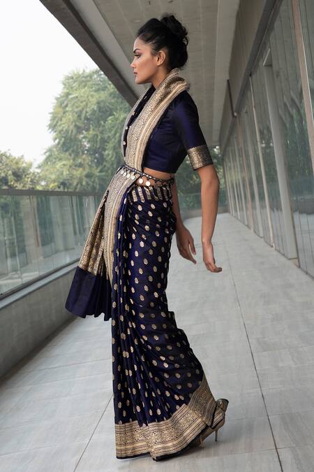 Neha & Tarun Blue Saree Pure Katan Silk Round With Blouse Online at Aza Fashions Neha & Tarun_Blue Saree Pure Katan Silk Round With Blouse _Online_at_Aza_Fashions