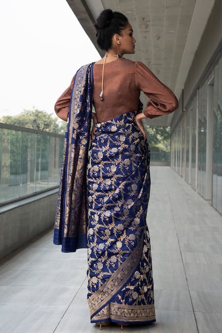 Shop Neha & Tarun Blue Saree Pure Katan Silk V Neck With Blouse at Aza Fashions Shop_Neha & Tarun_Blue Saree Pure Katan Silk V Neck With Blouse _at_Aza_Fashions