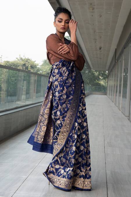 Buy Neha & Tarun Blue Saree Pure Katan Silk V Neck With Blouse Online at Aza Fashions Buy_Neha & Tarun_Blue Saree Pure Katan Silk V Neck With Blouse _Online_at_Aza_Fashions