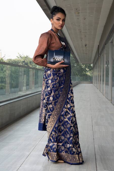 Shop Neha & Tarun Blue Saree Pure Katan Silk V Neck With Blouse Online at Aza Fashions Shop_Neha & Tarun_Blue Saree Pure Katan Silk V Neck With Blouse _Online_at_Aza_Fashions