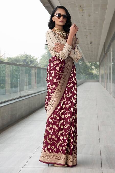 Neha & Tarun_Maroon Saree Pure Katan Silk Sweetheart Neck With Blouse _Online_at_Aza_Fashions