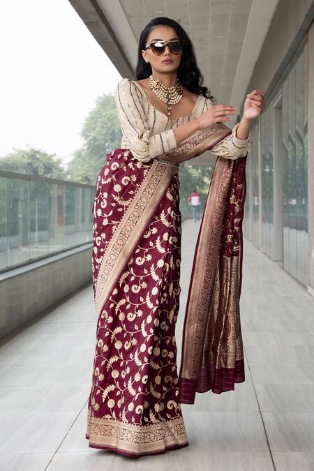 Buy_Neha & Tarun_Maroon Saree Pure Katan Silk Sweetheart Neck With Blouse _Online_at_Aza_Fashions