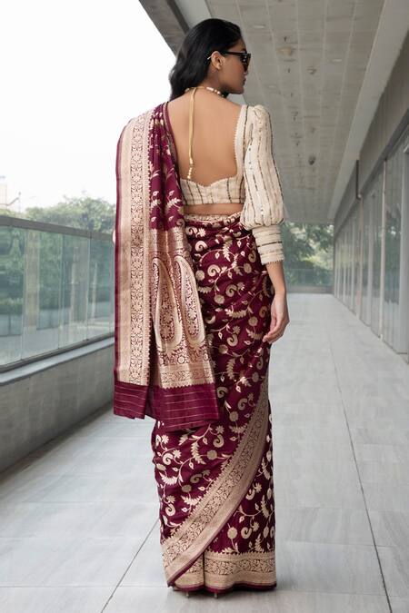 Shop_Neha & Tarun_Maroon Saree Pure Katan Silk Sweetheart Neck With Blouse _at_Aza_Fashions