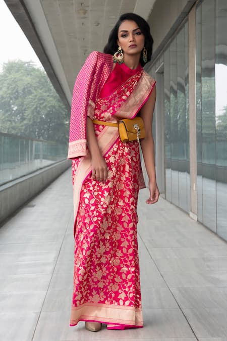 Buy Neha & Tarun Pink Saree Pure Katan Silk Halter And Jacket Set Online at Aza Fashions Buy_Neha & Tarun_Pink Saree Pure Katan Silk Halter And Jacket Set _Online_at_Aza_Fashions