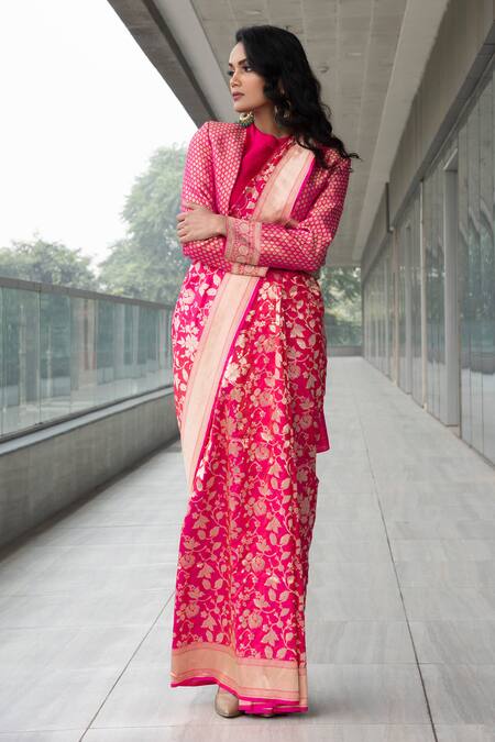 Shop Neha & Tarun Pink Saree Pure Katan Silk Halter And Jacket Set Online at Aza Fashions Shop_Neha & Tarun_Pink Saree Pure Katan Silk Halter And Jacket Set _Online_at_Aza_Fashions