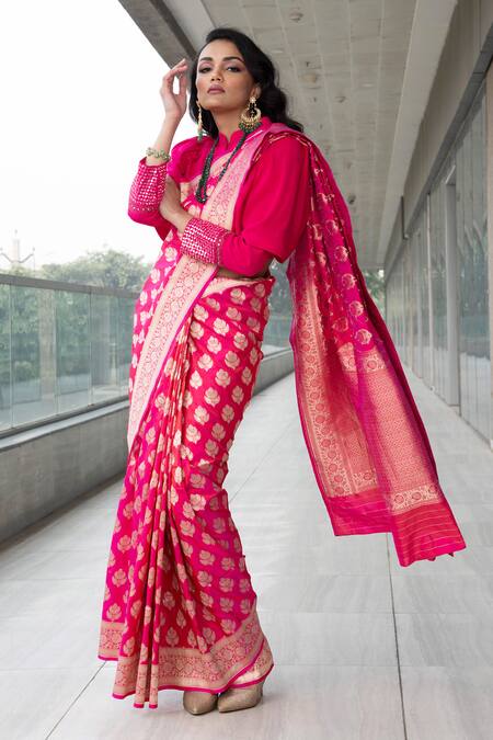Shop_Neha & Tarun_Pink Saree Pure Katan Silk Mandarin Collar With Blouse _Online_at_Aza_Fashions