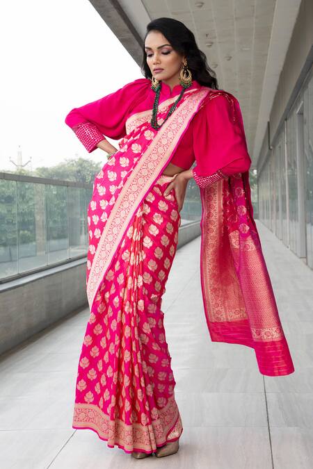 Buy_Neha & Tarun_Pink Saree Pure Katan Silk Mandarin Collar With Blouse _Online_at_Aza_Fashions