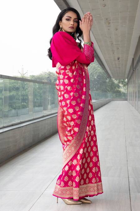 Neha & Tarun_Pink Saree Pure Katan Silk Mandarin Collar With Blouse _Online_at_Aza_Fashions