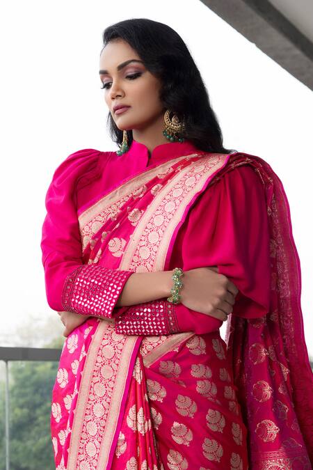 Neha & Tarun_Pink Saree Pure Katan Silk Mandarin Collar With Blouse _at_Aza_Fashions