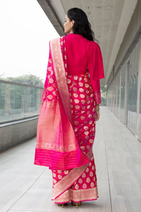 Shop_Neha & Tarun_Pink Saree Pure Katan Silk Mandarin Collar With Blouse _at_Aza_Fashions