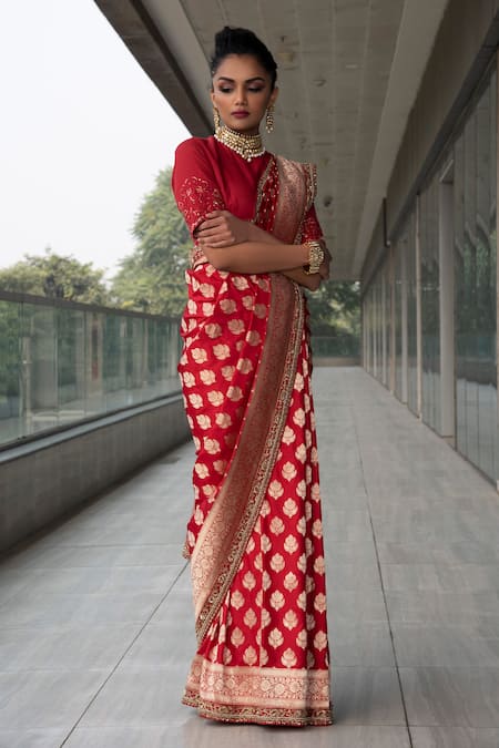 Neha & Tarun Red Saree And Blouse Pure Katan Silk Mandarin Collar Satin With Online at Aza Fashions Neha & Tarun_Red Saree And Blouse Pure Katan Silk Mandarin Collar Satin With _Online_at_Aza_Fashions