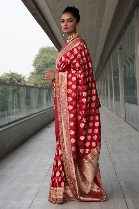 Buy Neha & Tarun Red Saree And Blouse Pure Katan Silk Mandarin Collar Satin With Online at Aza Fashions Buy_Neha & Tarun_Red Saree And Blouse Pure Katan Silk Mandarin Collar Satin With _Online_at_Aza_Fashions