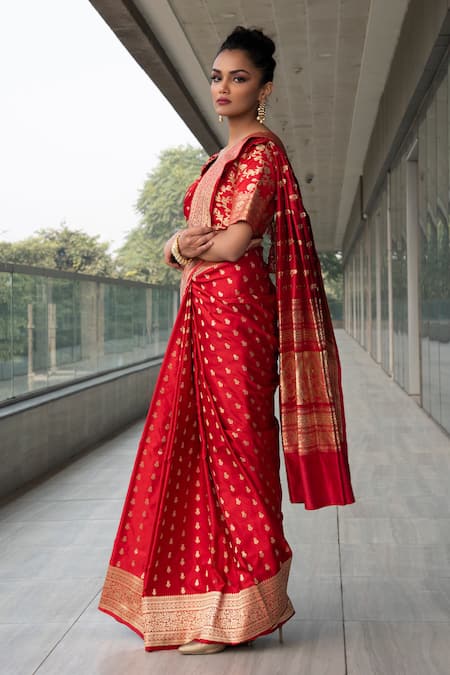 Buy Neha & Tarun Red Saree Pure Katan Silk Satin Scoop Neck With Blouse Online at Aza Fashions Buy_Neha & Tarun_Red Saree Pure Katan Silk Satin Scoop Neck With Blouse _Online_at_Aza_Fashions