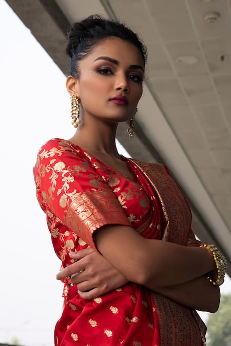 Shop Neha & Tarun Red Saree Pure Katan Silk Satin Scoop Neck With Blouse Online at Aza Fashions Shop_Neha & Tarun_Red Saree Pure Katan Silk Satin Scoop Neck With Blouse _Online_at_Aza_Fashions