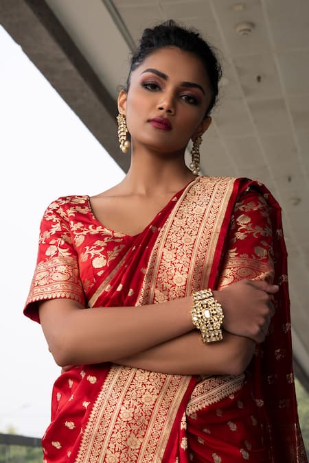 Neha & Tarun Red Saree Pure Katan Silk Satin Scoop Neck With Blouse at Aza Fashions Neha & Tarun_Red Saree Pure Katan Silk Satin Scoop Neck With Blouse _at_Aza_Fashions