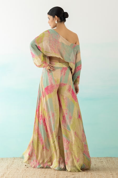 Shop_Basanti - Kapde Aur Koffee_Multi Color Chinnon Abstract One Shoulder Printed Crop Top And Palazzo Set _at_Aza_Fashions