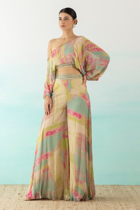 Basanti - Kapde Aur Koffee_Multi Color Chinnon Abstract One Shoulder Printed Crop Top And Palazzo Set _Online_at_Aza_Fashions