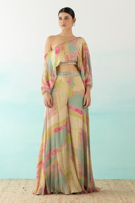 Buy_Basanti - Kapde Aur Koffee_Multi Color Chinnon Abstract One Shoulder Printed Crop Top And Palazzo Set _Online_at_Aza_Fashions