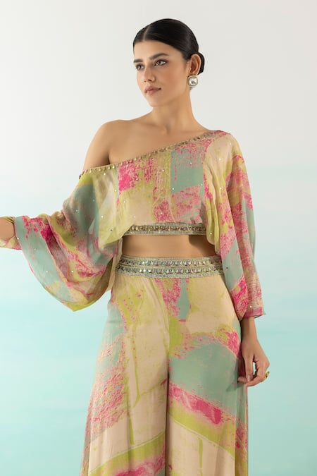 Shop_Basanti - Kapde Aur Koffee_Multi Color Chinnon Abstract One Shoulder Printed Crop Top And Palazzo Set _Online_at_Aza_Fashions