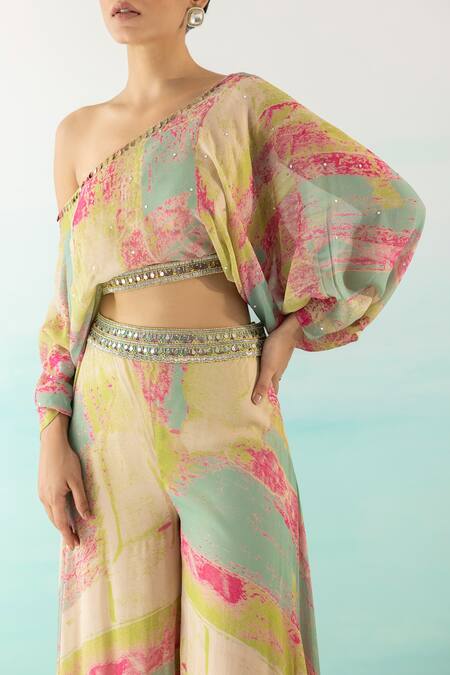 Basanti - Kapde Aur Koffee_Multi Color Chinnon Abstract One Shoulder Printed Crop Top And Palazzo Set _at_Aza_Fashions
