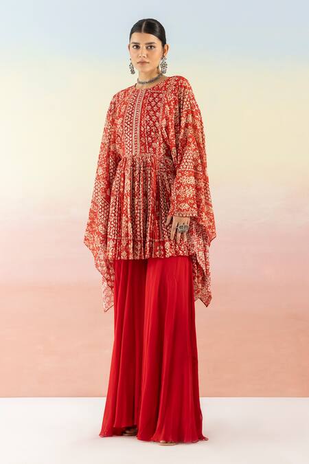 Basanti - Kapde Aur Koffee_Red Georgette Floral Round Print Kaftan Kurta And Palazzo Set_Online_at_Aza_Fashions