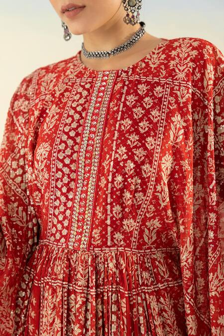 Shop_Basanti - Kapde Aur Koffee_Red Georgette Floral Round Print Kaftan Kurta And Palazzo Set_Online_at_Aza_Fashions