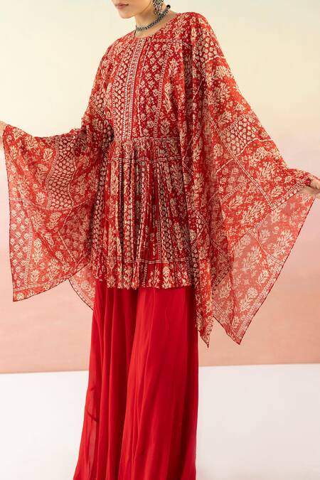 Basanti - Kapde Aur Koffee_Red Georgette Floral Round Print Kaftan Kurta And Palazzo Set_at_Aza_Fashions