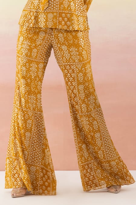 Shop_Basanti - Kapde Aur Koffee_Yellow Sequins Georgette Floral V Neck Print Kurta And Flared Pant Set_Online_at_Aza_Fashions