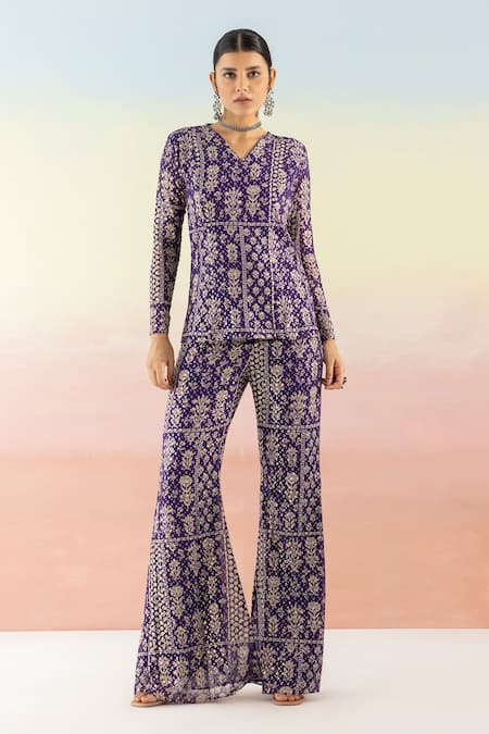 Itaso Petite High Waist Flare Trousers in Blue Print  Oh Polly