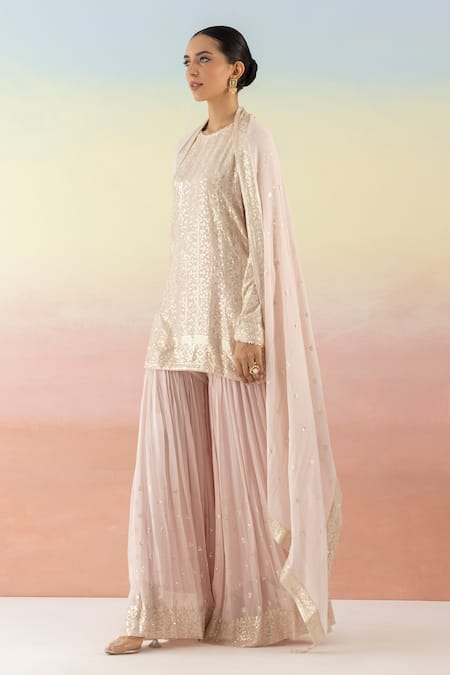 Basanti - Kapde Aur Koffee_Pink Georgette Sequin Round Embroidered Kurta Sharara Set _Online_at_Aza_Fashions