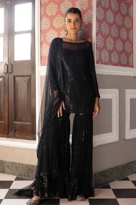 Basanti - Kapde Aur Koffee Black Georgette, Dupatta Soft Net Sequins Round Embroidered Kurta Sharara Set Online at Aza Fashions Basanti - Kapde Aur Koffee_Black Georgette, Dupatta Soft Net Sequins Round Embroidered Kurta Sharara Set_Online_at_Aza_Fashions