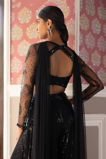 Buy_Basanti - Kapde Aur Koffee_Black Georgette, Dupatta Soft Net Sequins Scoop Embroidered Blouse Sharara Set _Online_at_Aza_Fashions