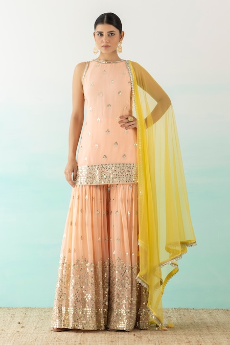 Basanti - Kapde Aur Koffee Peach Georgette, Dupatta Net Sequin Round Embroidered Kurta Sharara Set 
