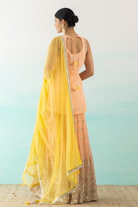 Shop_Basanti - Kapde Aur Koffee_Peach Georgette, Dupatta Net Sequin Round Embroidered Kurta Sharara Set _at_Aza_Fashions