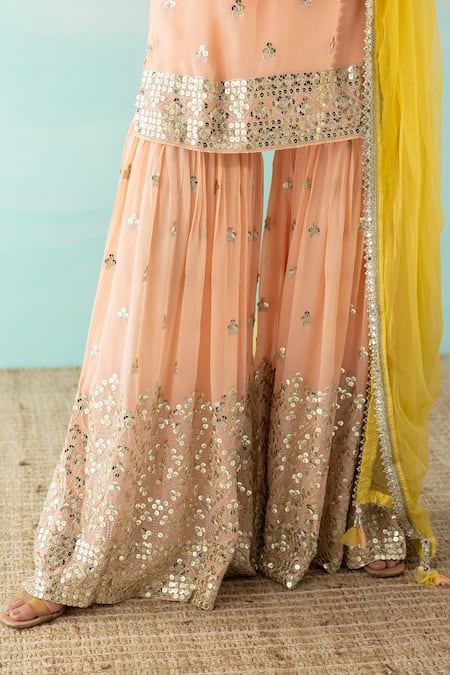 Shop_Basanti - Kapde Aur Koffee_Peach Georgette, Dupatta Net Sequin Round Embroidered Kurta Sharara Set _Online_at_Aza_Fashions