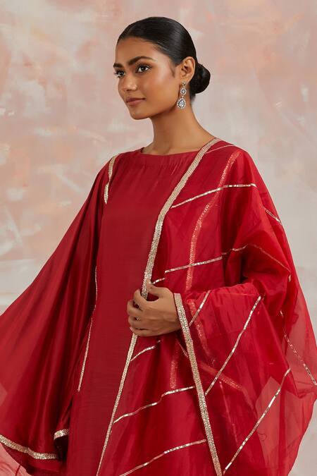 Shop_Basanti - Kapde Aur Koffee_Red Muslin Gota Boat Butterfly Sleeve Kurta Pant Set_Online_at_Aza_Fashions