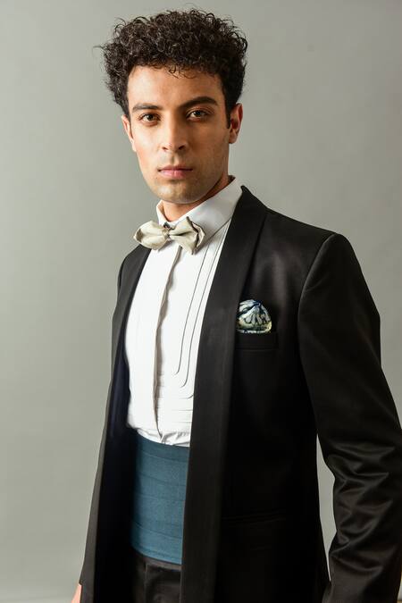 Agape Black Suiting Fabric Plain Shawl Lapel Tuxedo Set Online at Aza Fashions Agape_Black Suiting Fabric Plain Shawl Lapel Tuxedo Set_Online_at_Aza_Fashions