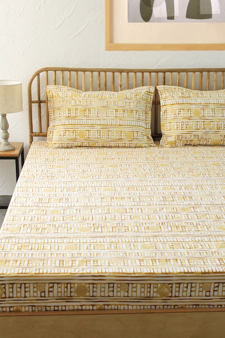 House This Yellow 100 % Cotton Print King Bed Sheet Set 