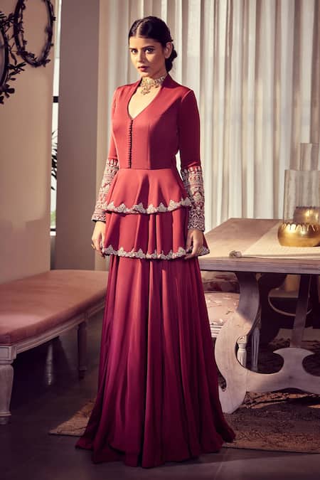 Bhumika Sharma_Maroon Satin Crepe V Neck Hand Embroidered Peplum Anarkali_Online_at_Aza_Fashions