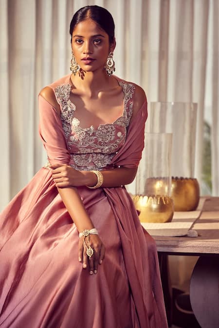 Shop_Bhumika Sharma_Pink Linen Satin Embroidered Lehenga Set_at_Aza_Fashions