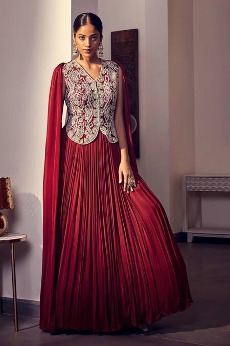 Bhumika Sharma_Maroon Tulle, Satin Crepe Jacket V Neck Embroidered Draped Anarkali_Online_at_Aza_Fashions