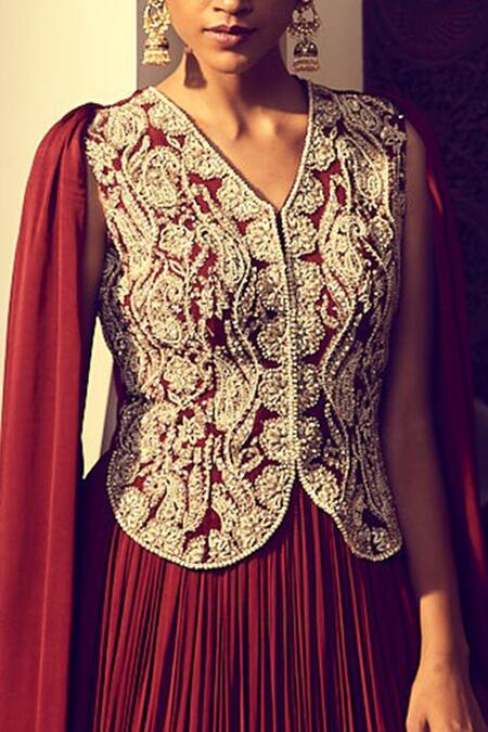 Buy_Bhumika Sharma_Maroon Tulle, Satin Crepe Jacket V Neck Embroidered Draped Anarkali_Online_at_Aza_Fashions