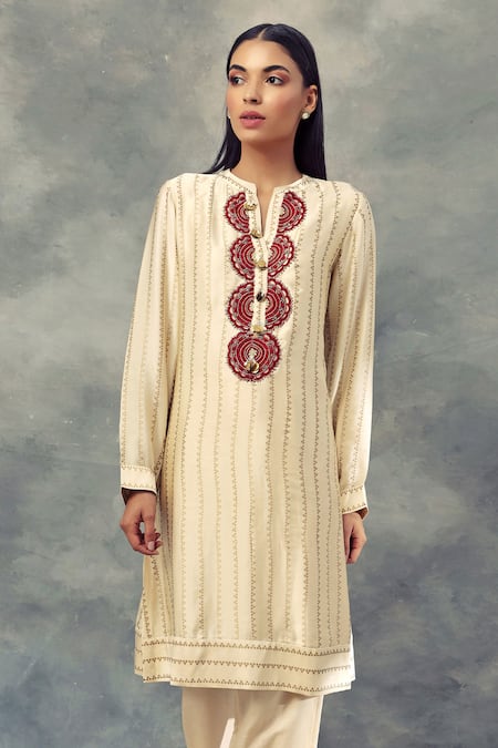 Bhumika Sharma_White Satin Crepe Round Foil Print Kurta And Pant Set_Online_at_Aza_Fashions