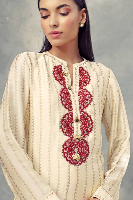 Buy_Bhumika Sharma_White Satin Crepe Round Foil Print Kurta And Pant Set_Online_at_Aza_Fashions