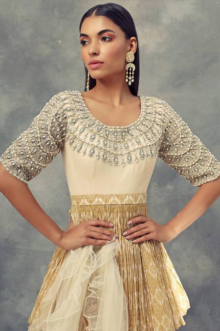 Bhumika Sharma_Yellow Georgette Round Peplum Kurta Sharara Set_Online_at_Aza_Fashions