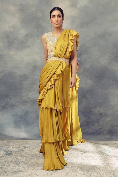 Bhumika Sharma_Yellow Satin Crepe V Neck Pre-draped Layered Ruffle Saree_Online_at_Aza_Fashions