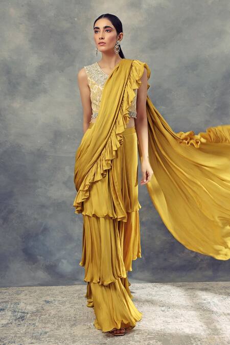 Buy_Bhumika Sharma_Yellow Satin Crepe V Neck Pre-draped Layered Ruffle Saree_Online_at_Aza_Fashions