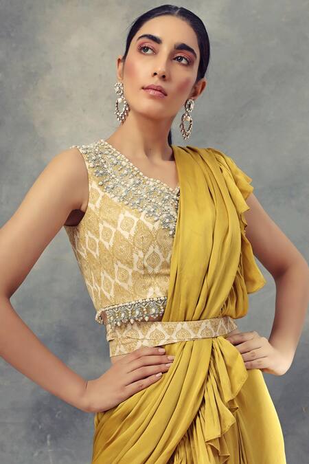 Shop_Bhumika Sharma_Yellow Satin Crepe V Neck Pre-draped Layered Ruffle Saree_Online_at_Aza_Fashions